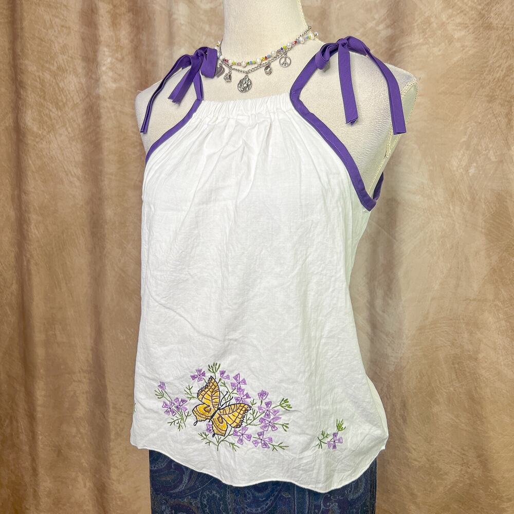 Y2K Handmade Babydoll Blouse Embroidered Butterfly Floral Doily Tank Top Cottage